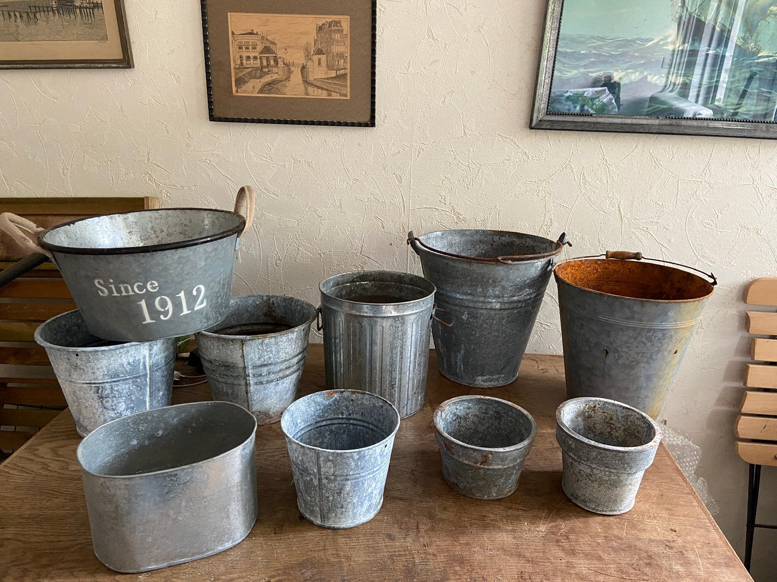 10 Antieke zinken was teilen wastobbes brocante, Ophalen of Verzenden