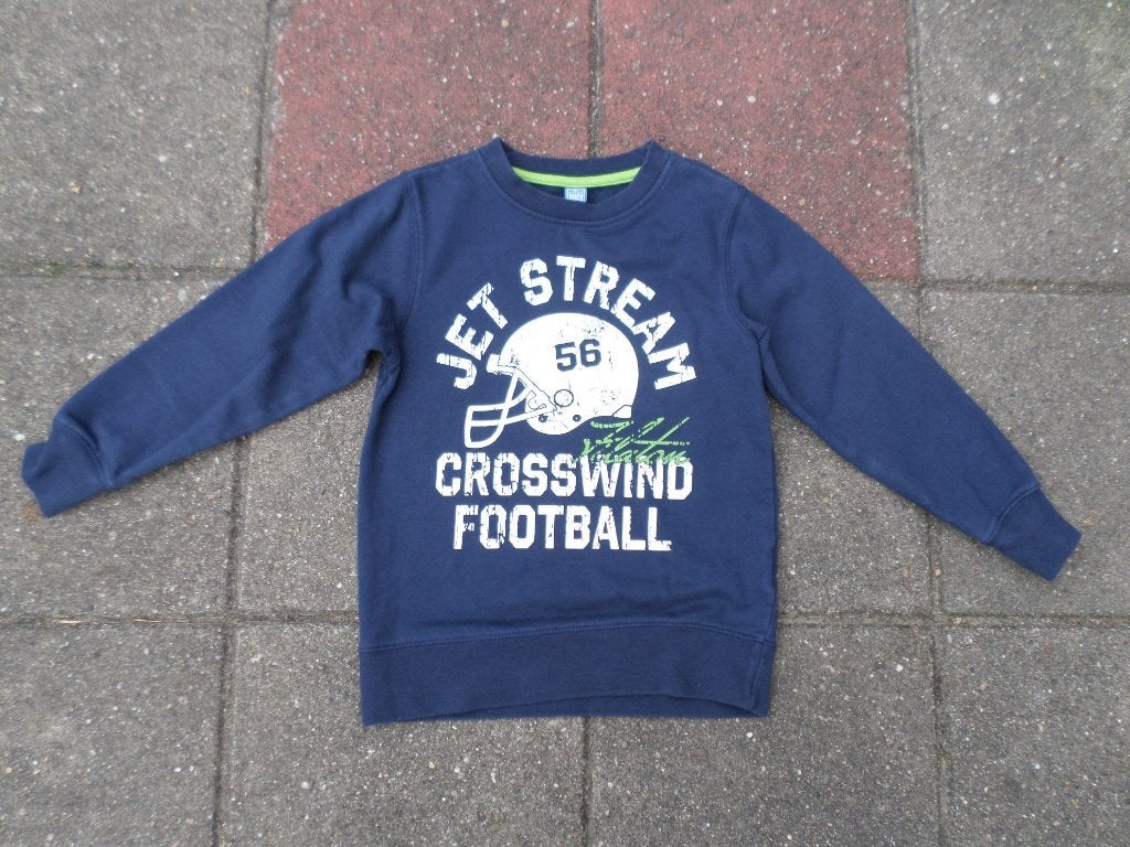 blauwe trui / sweatshirt met opschrift maat 122, Kinderen en Baby's, Trui of Vest, Ophalen of Verzenden, Zo goed als nieuw, Dopodopo