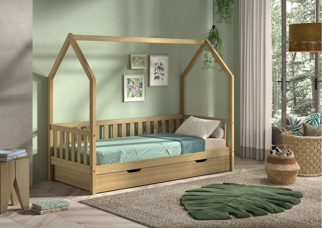 Cabane Nature huisbed met hekje - 90x200 - Massief eiken, Niet ingevuld, Niet ingevuld, Niet ingevuld