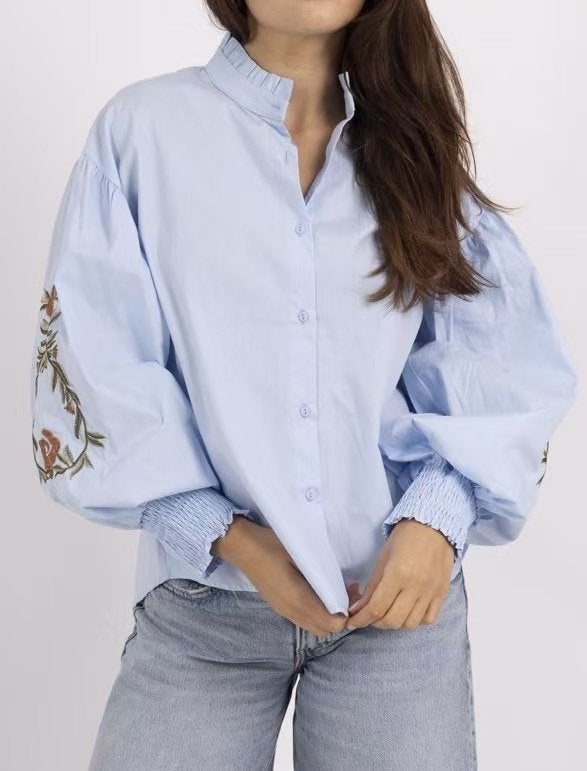 Blouse top ballonmouw blauw bloemen boho barok chic S / M, Ophalen of Verzenden, Nieuw, Maat 38/40 (M), Blauw