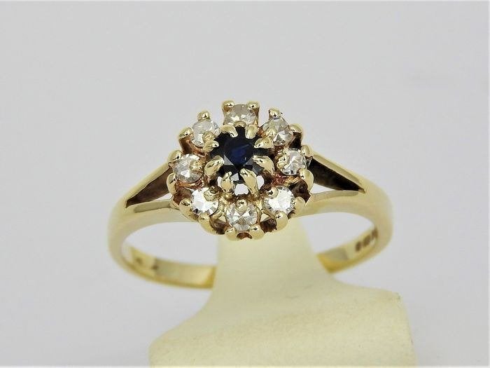 Schitterende 9k Gouden Margriet ring met Saffier en Diamant, Sieraden, Tassen en Uiterlijk, Ringen, Ophalen, Dame, Goud, Goud