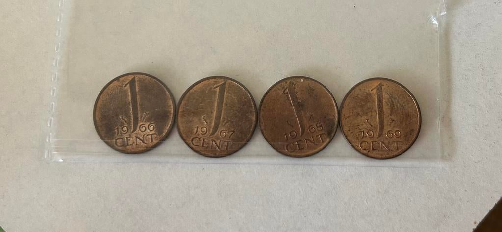 4 x 1 cent. 1966, 1967, 1968 en 1969, Postzegels en Munten, Munten | Nederland, Ophalen, Koningin Juliana