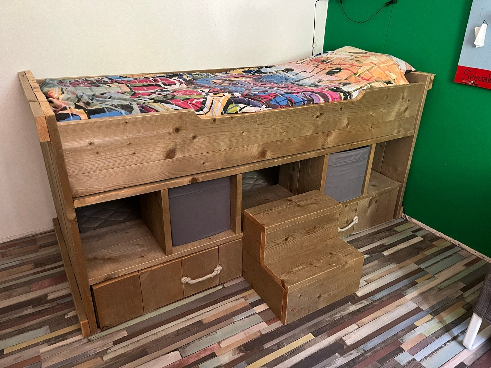 Steigerhouten halfhoogslaper, Ophalen, 85 tot 100 cm, Gebruikt, Hoogslaper of Stapelbed