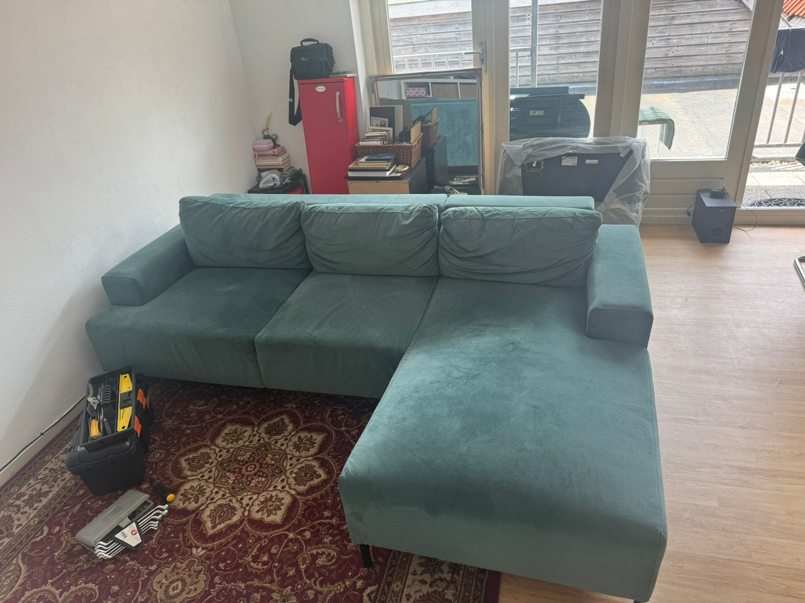 Groene velvet hoekbank, Ophalen, Gebruikt