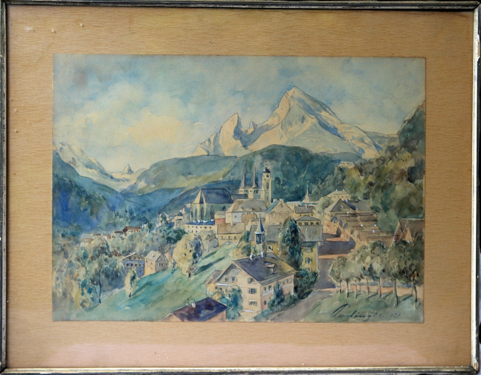 Aquarel 1921 - Berchtesgaden met Watzmann - Prodinger, Ophalen of Verzenden, Ingelijst, 36 cm, Landschap