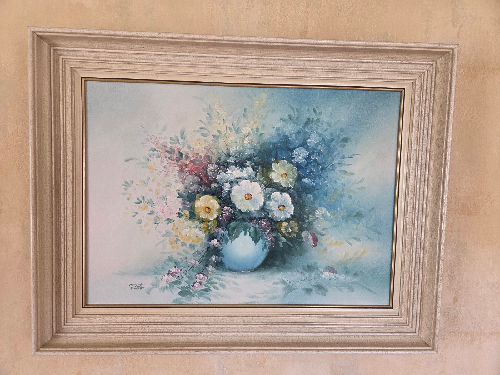 Schilderij met bloemen in vaas, gesigneerd, Bloemen, Doek, Realistisch, Ophalen of Verzenden