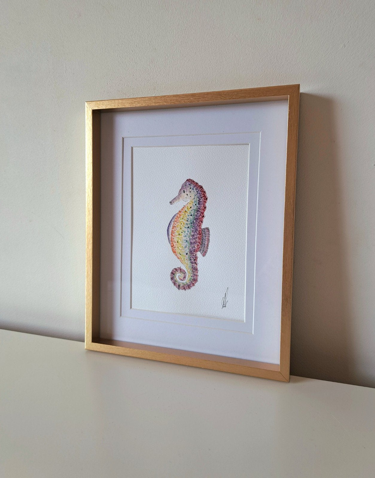 Aquarel zeepaardje origineel regenboog | Met lijst 20x25 cm, Minder dan 50 cm, Oorspronkelijke maker, Nieuw, Ophalen of Verzenden