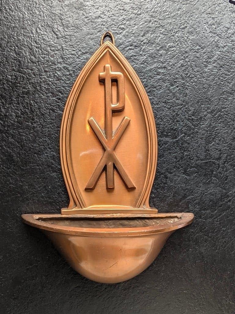 Antieke/Vintage Koperkleurige wijwater bakje, Ophalen of Verzenden
