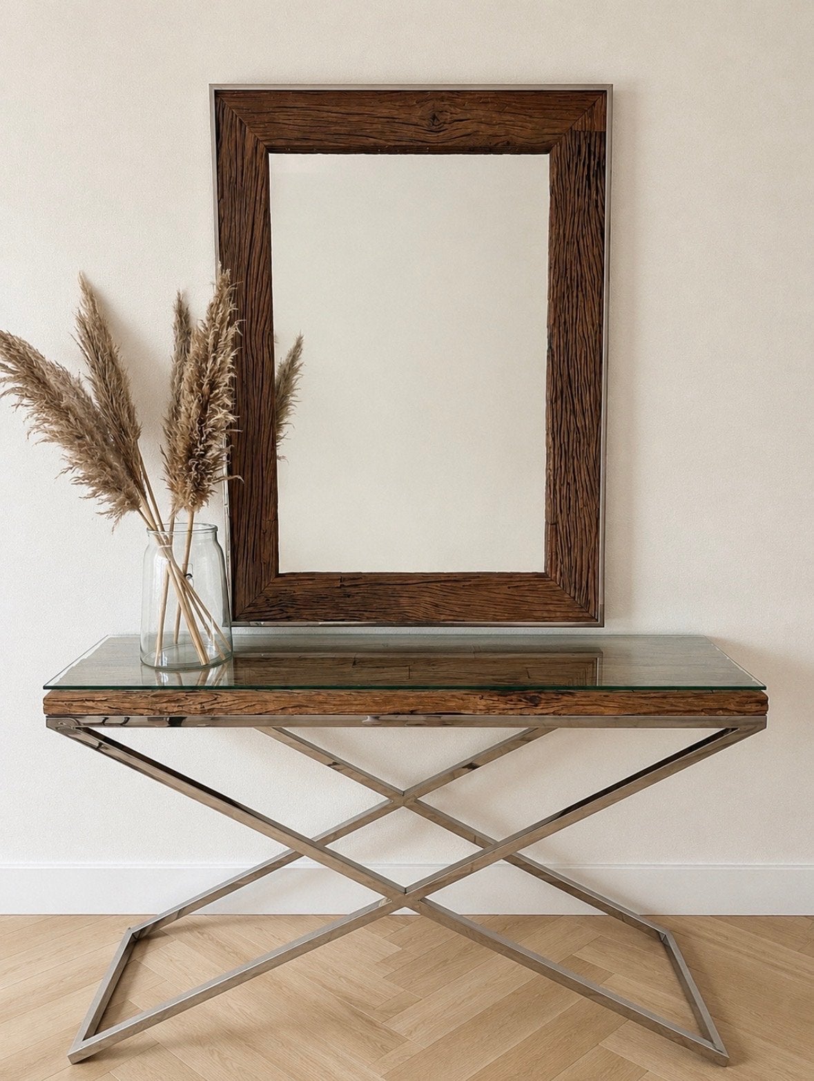 Sidetable met glasplaat en houten blad - 80x140x40 cm, Ophalen of Verzenden, Rechthoekig, 100 tot 150 cm, Minder dan 100 cm