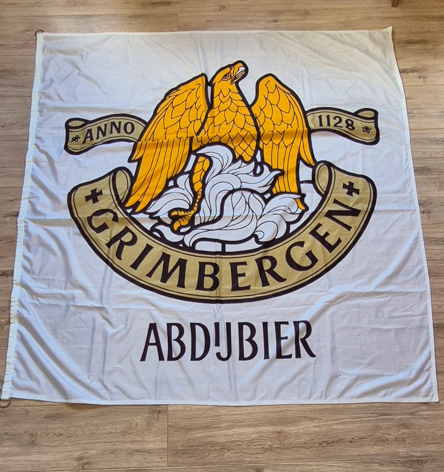 Grimbergen Abdijbier reclame vlag, Verzamelen, Ophalen of Verzenden, Gebruikt, Reclamebord, Plaat of Schild, Overige merken