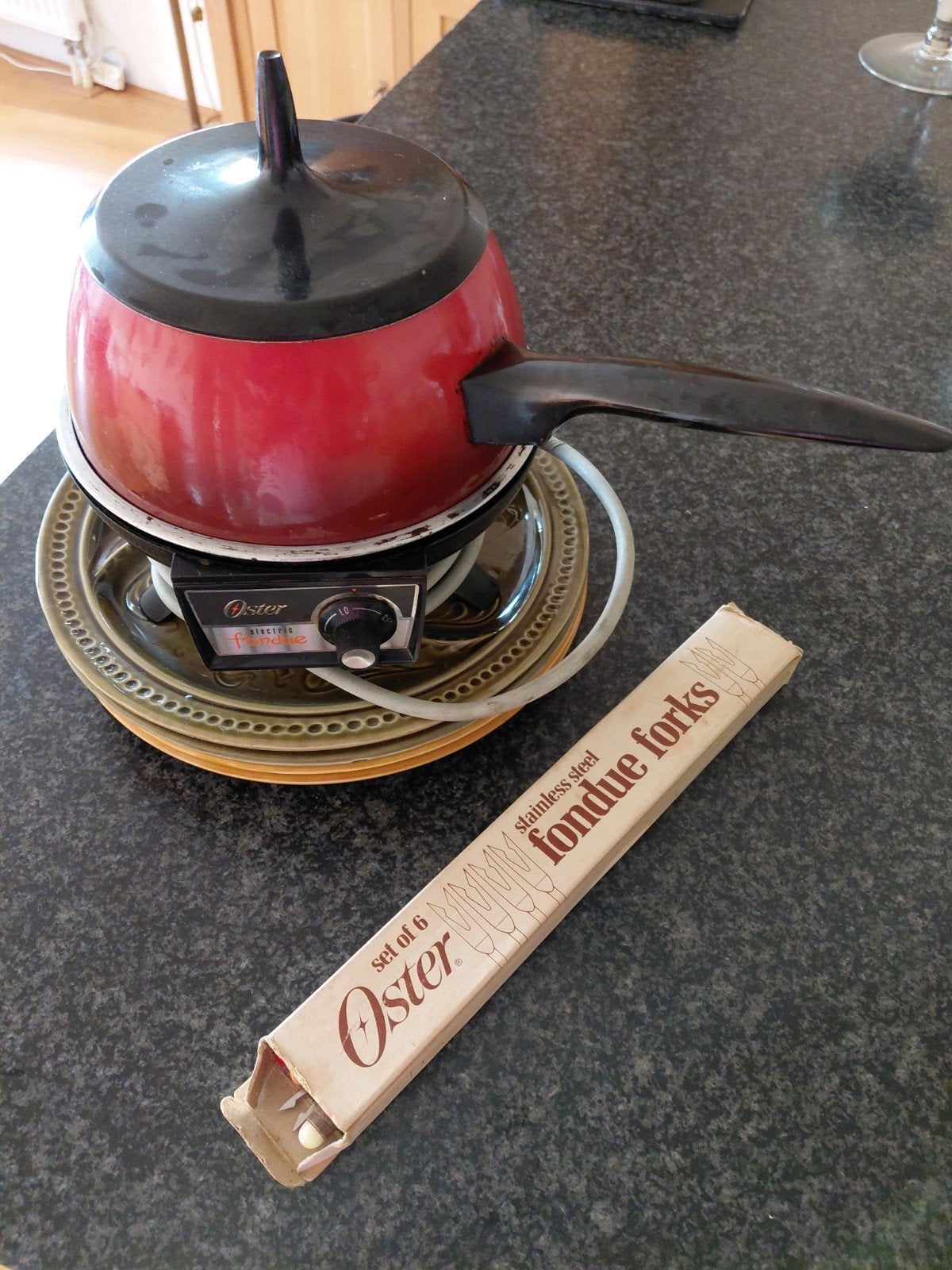 Vintage Oster Fondue Set - Compleet met Vorken en Borden, Ophalen of Verzenden, Gebruikt