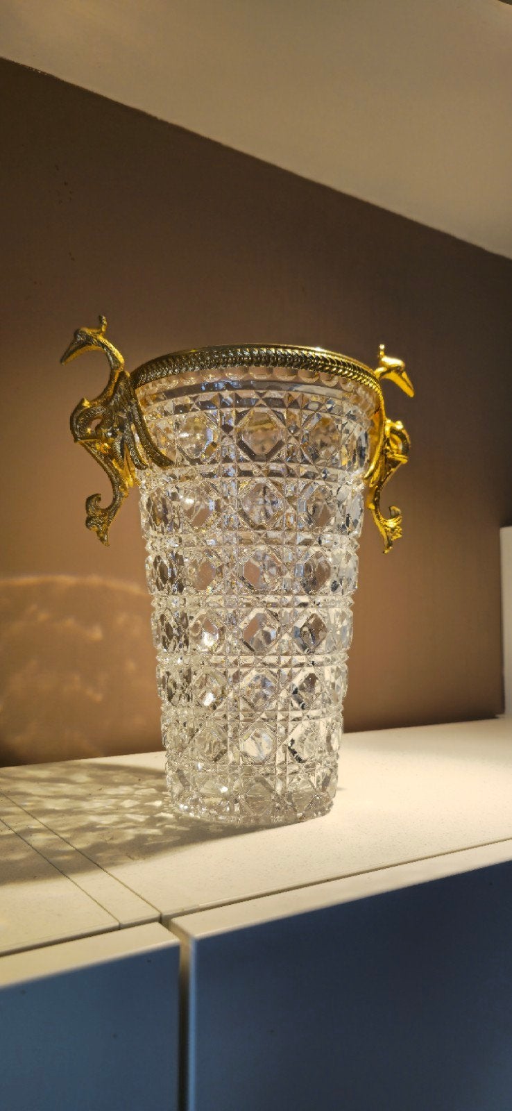 Prachtige kristallen vaas met bronzen pauwen, Antiek en Kunst, Ophalen of Verzenden