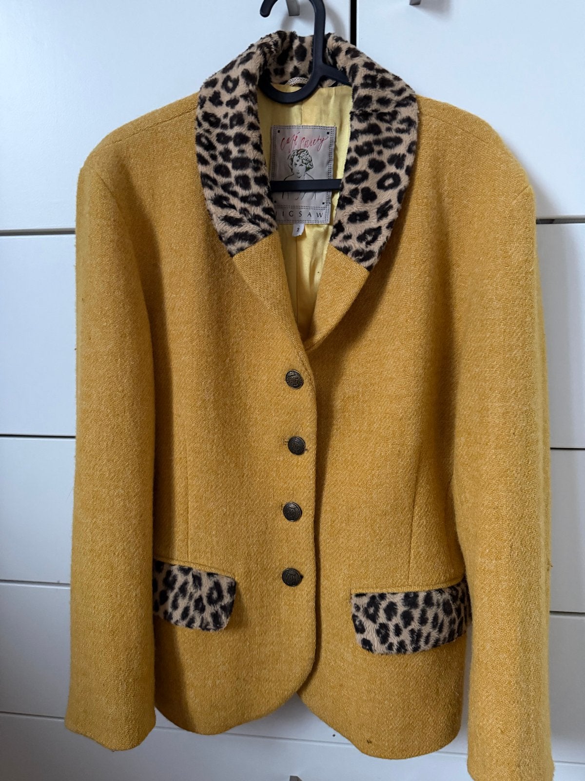 Vintage Harris Tweed jasje met panterprint maat S/M, Kleding | Dames, Ophalen of Verzenden, Gedragen, Maat 36 (S), Geel