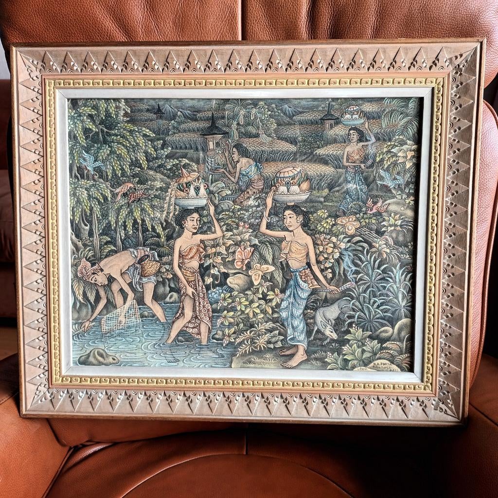 Bali, Indonesië, schilderij, vruchten der aarde verzamelen, Antiek en Kunst, Kunst | Schilderijen | Modern, Ophalen of Verzenden