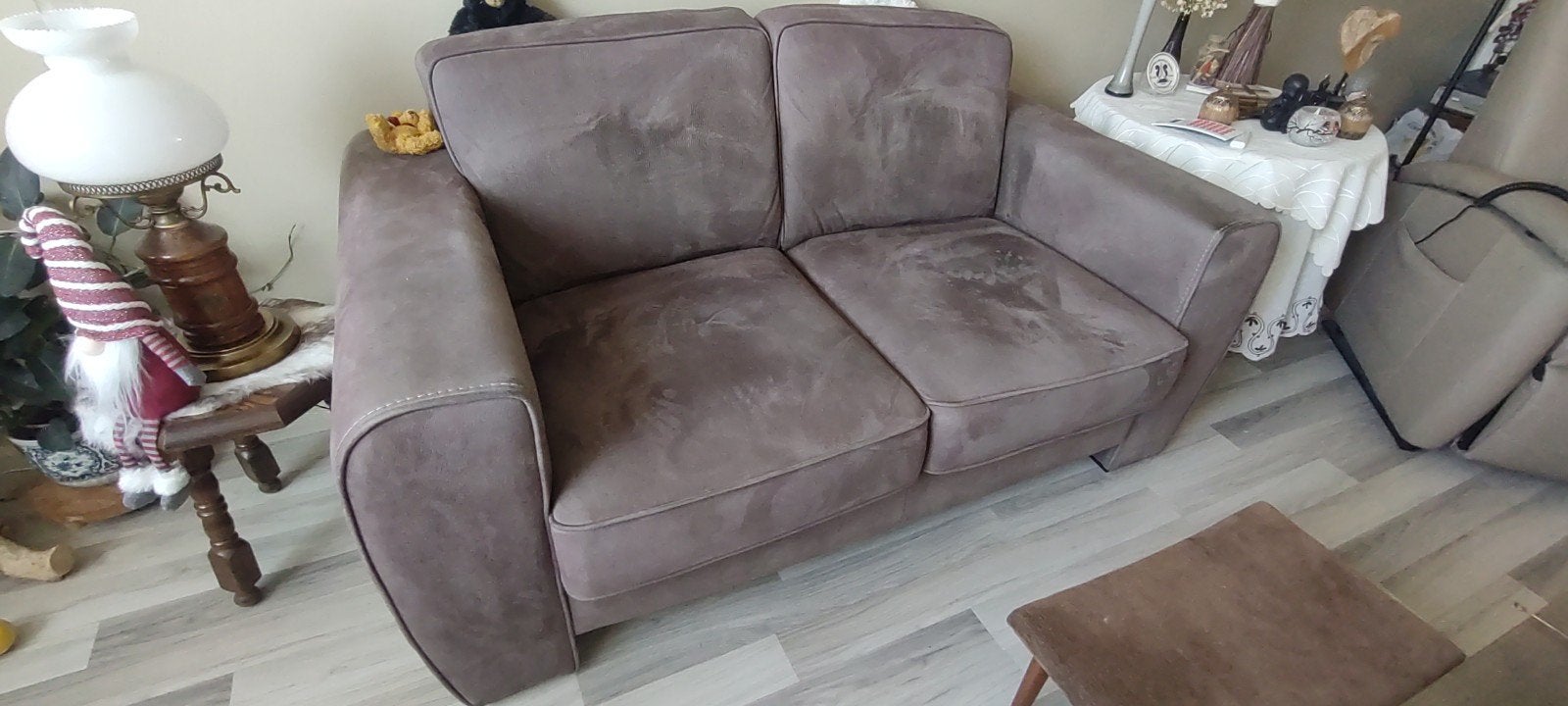 Bank met twee fauteuils kleur antraciet/bruin., Ophalen, Zo goed als nieuw
