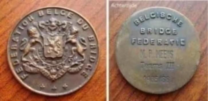 Koperen penning, Belgische Bridgefederatie in 1965-66., Verzenden, Overige materialen, Buitenland