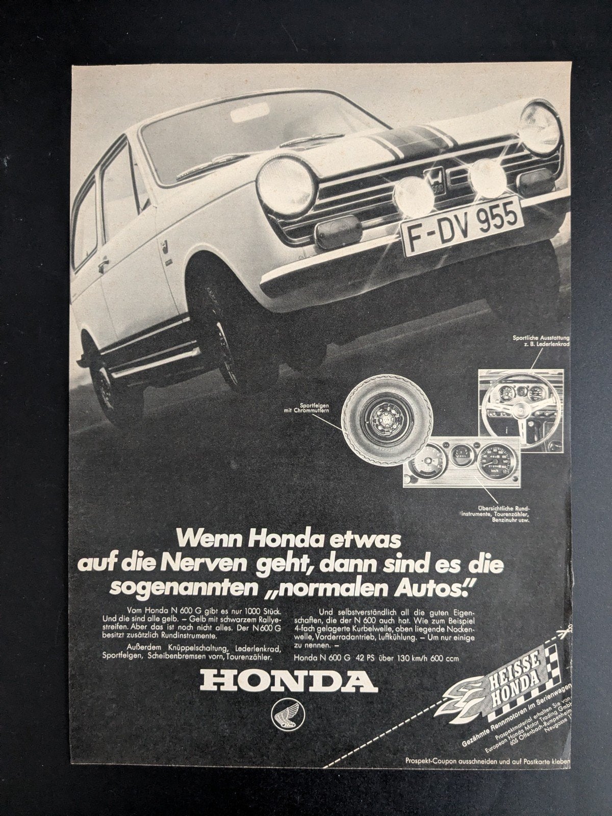 Oude reclame / Advertentie HONDA N 600 G 1969 (Duits), Ophalen of Verzenden, Gelezen, Honda