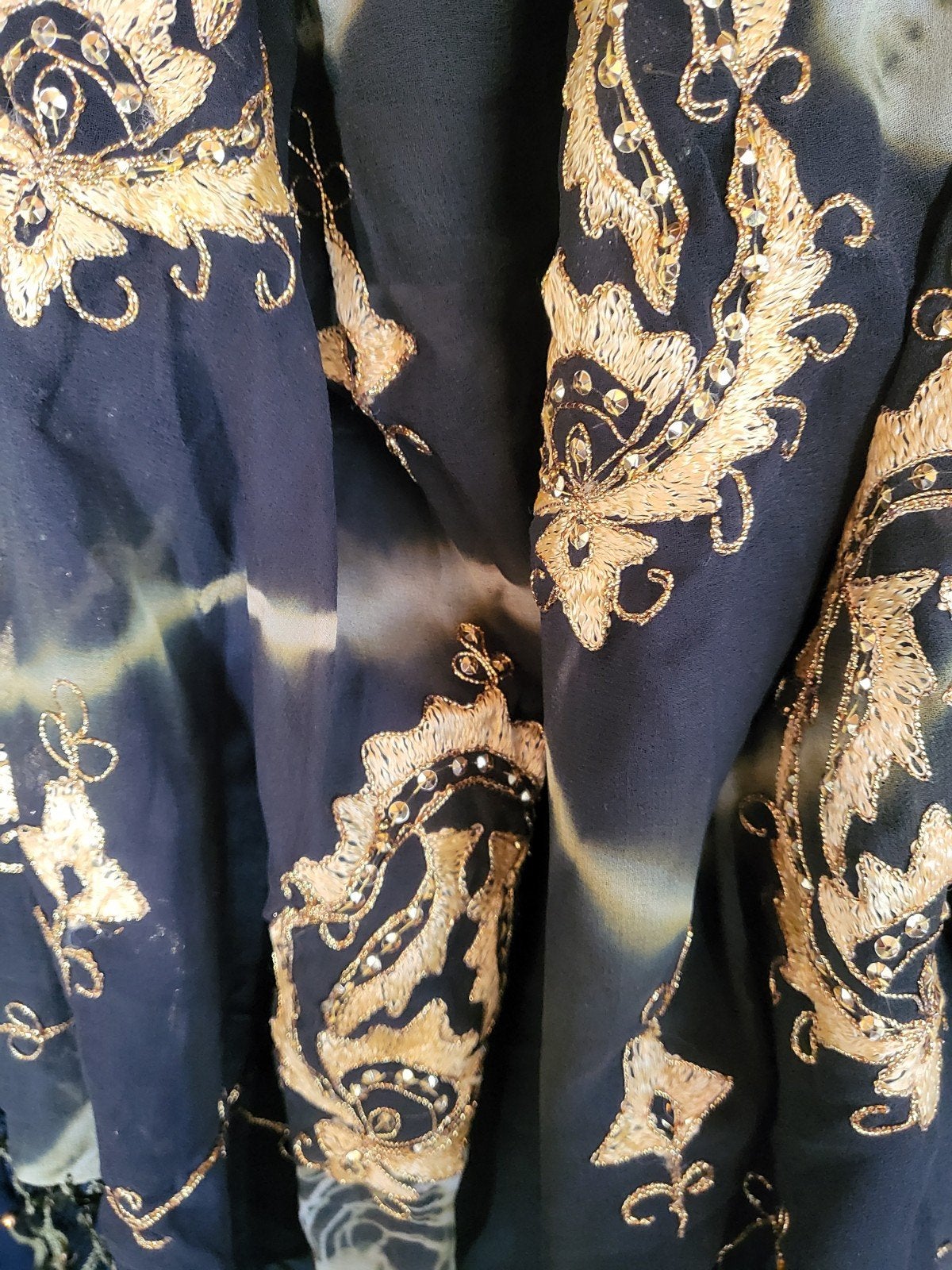 Vintage Saree ('80/'90) uit Mauritius | OlijfgroenGrijs/Goud, Ophalen of Verzenden, Katoen, 120 cm of meer