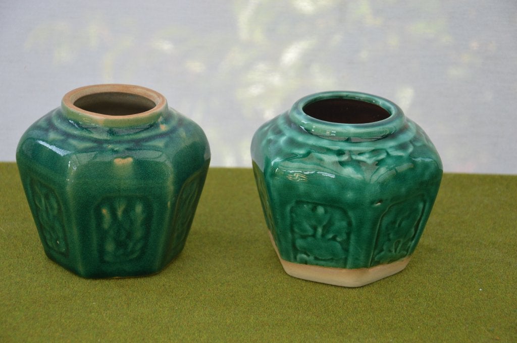 2 Oude groene geglazuurde Chinese gemberpotten 10 cm hoog, Ophalen of Verzenden