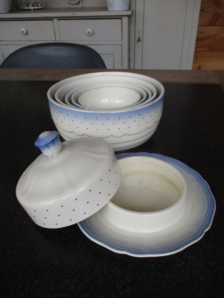 brocante aardewerk botervloot met stippen, Ophalen of Verzenden