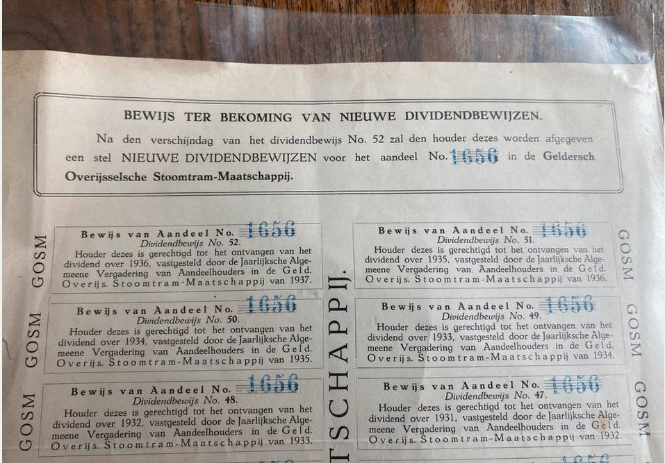 GOSM Dividendbewijzen 1917-1936 (overijselse stoomtram Mij), Ophalen of Verzenden, Voor 1920, Aandeel