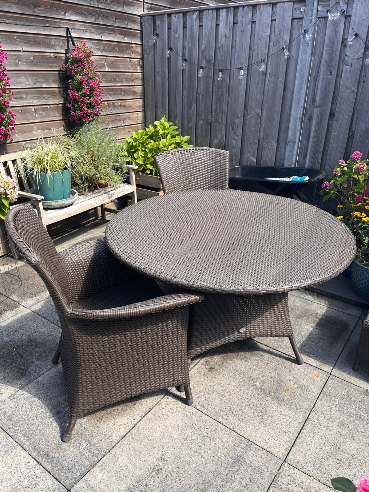 Hartman tuinset met 4 stoelen met poef en kussens, Tuin en Terras, Ophalen, 5 zitplaatsen, Gebruikt, Eettafel