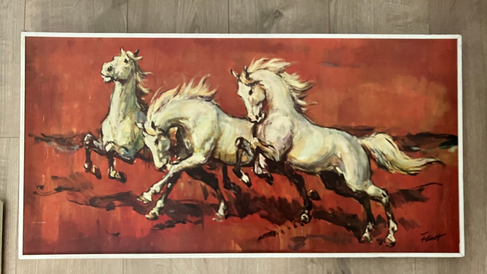 Vintage 70 jaren repro; rennende paarden door H. Faust, Antiek en Kunst, Ophangklaar, Hout, Ophalen of Verzenden, Dieren