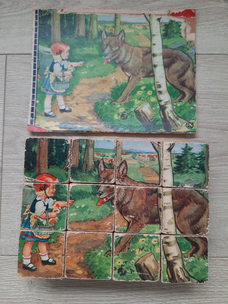 Oude vintage houten blokpuzzel sprookjes, 2 tot 4 jaar, Gebruikt, 10 tot 50 stukjes, Ophalen of Verzenden