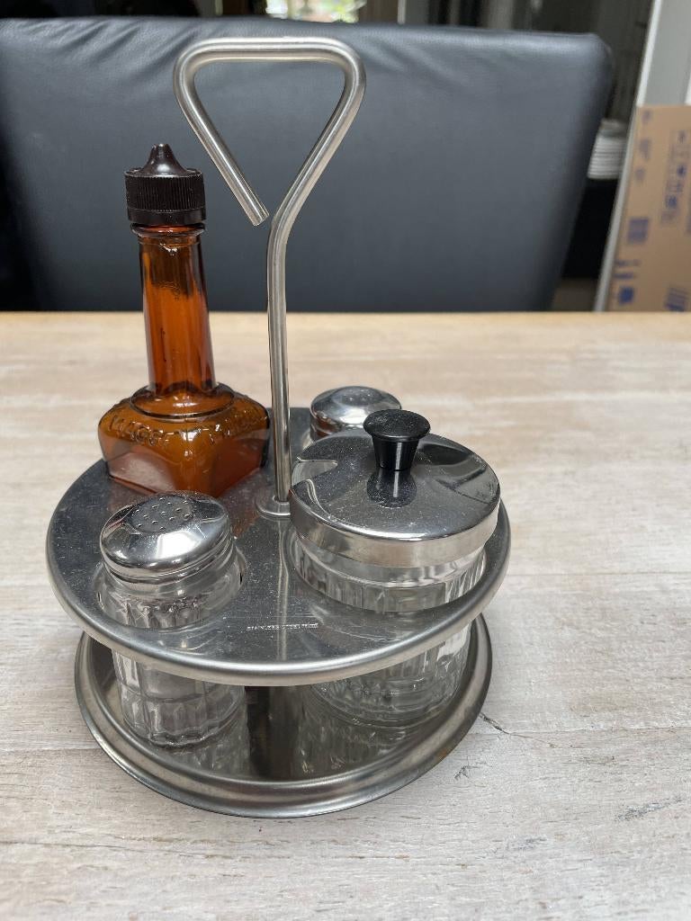 Vintage menageset voor Maggie, peper, zout en mosterd, Overige materialen, Overige typen, Ophalen of Verzenden, Zo goed als nieuw