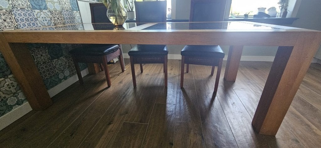 Eikenhouten eettafel met marmeren blad 220x102 cm, Ophalen, Gebruikt, 100 tot 150 cm, 200 cm of meer