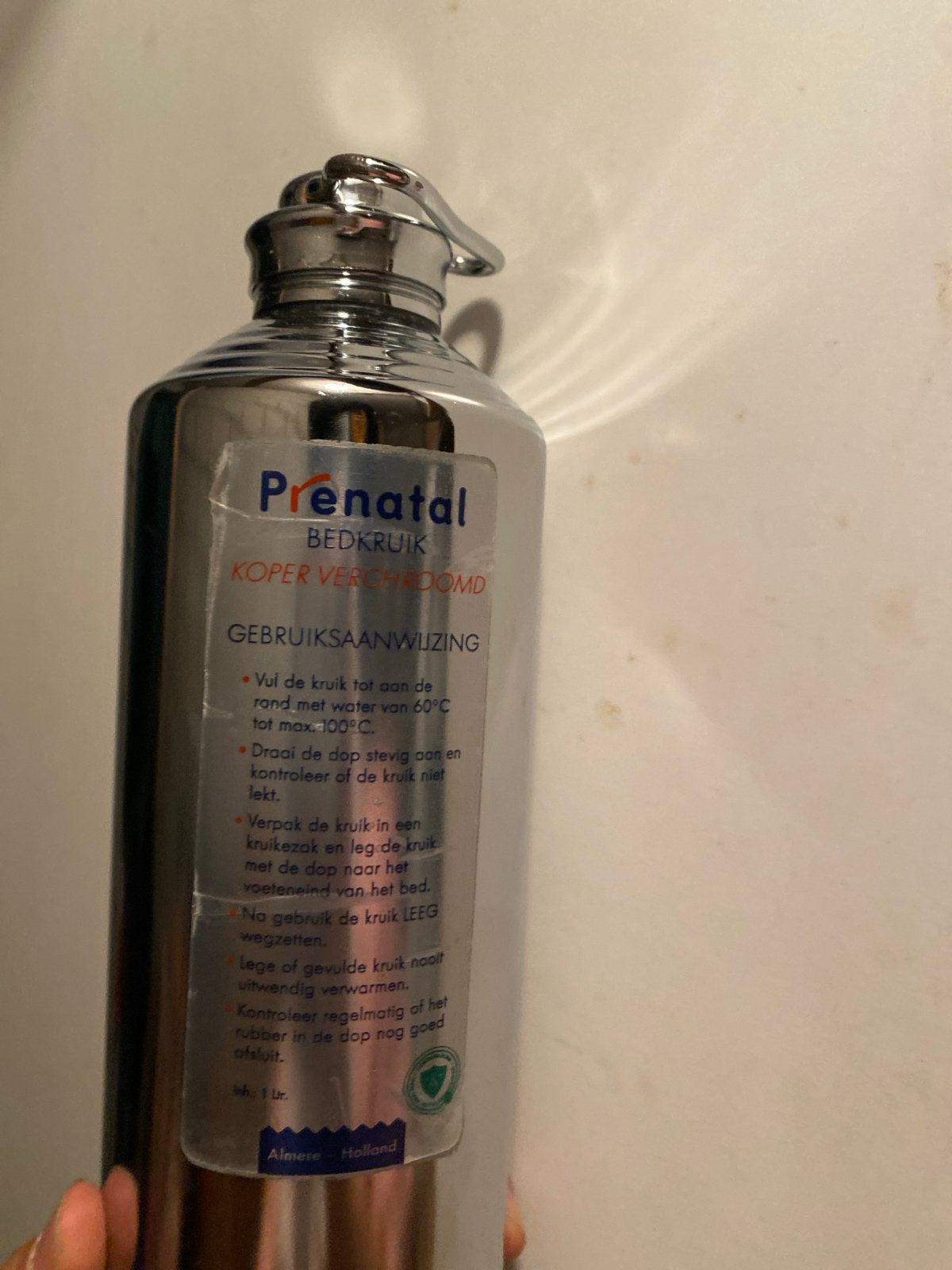 Prenatal koper verchroomde bedkruik met hoes, Ophalen, Gebruikt