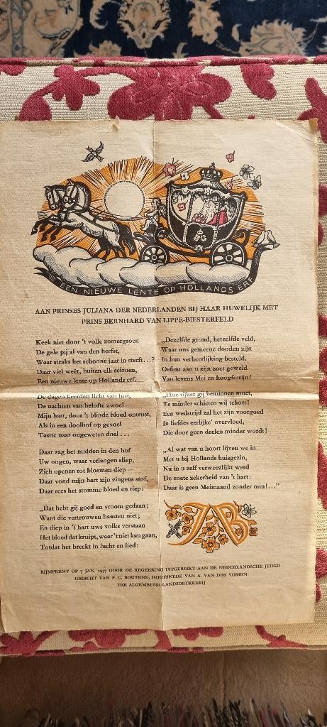 Rijmprent 1937 ter ere huwelijk juliana en Prins Bernhard, Ophalen of Verzenden, Gelezen, Overige typen