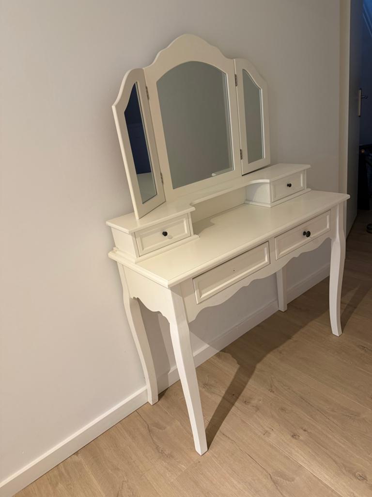 Witte kaptafel met spiegel en lades, Huis en Inrichting, Tafels | Kaptafels, Ophalen, Gebruikt, Hout, 100 tot 150 cm