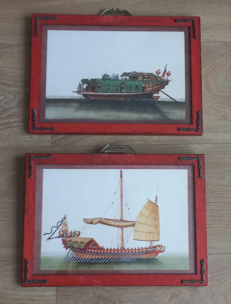 Antieke Chinese aquarellen op mergpapier, schepen, Antiek en Kunst, Kunst | Tekeningen en Foto's, Ophalen of Verzenden