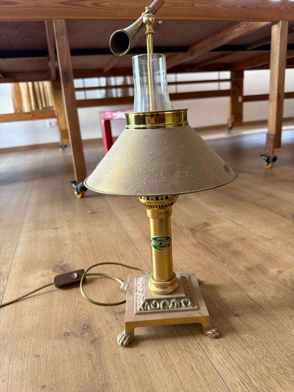 Vintage Messing 'Orient Express' Tafellamp met Schoorsteen, Ophalen of Verzenden