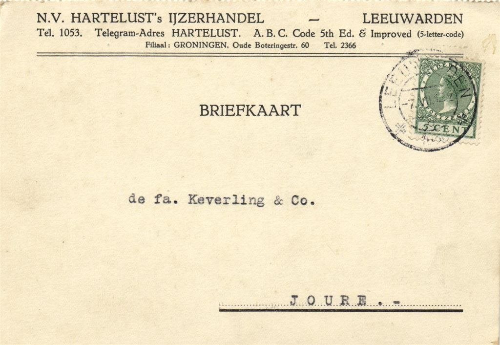 NV Hartelust IJzerhandel - Leeuwarden - 07.1930 - briefkaart, Ophalen of Verzenden, Briefkaart
