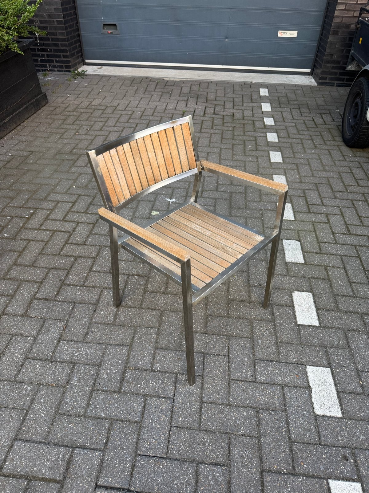Tuinstoel RVS met Houten Latten, Ophalen, Gebruikt, Rvs, Stapelbaar