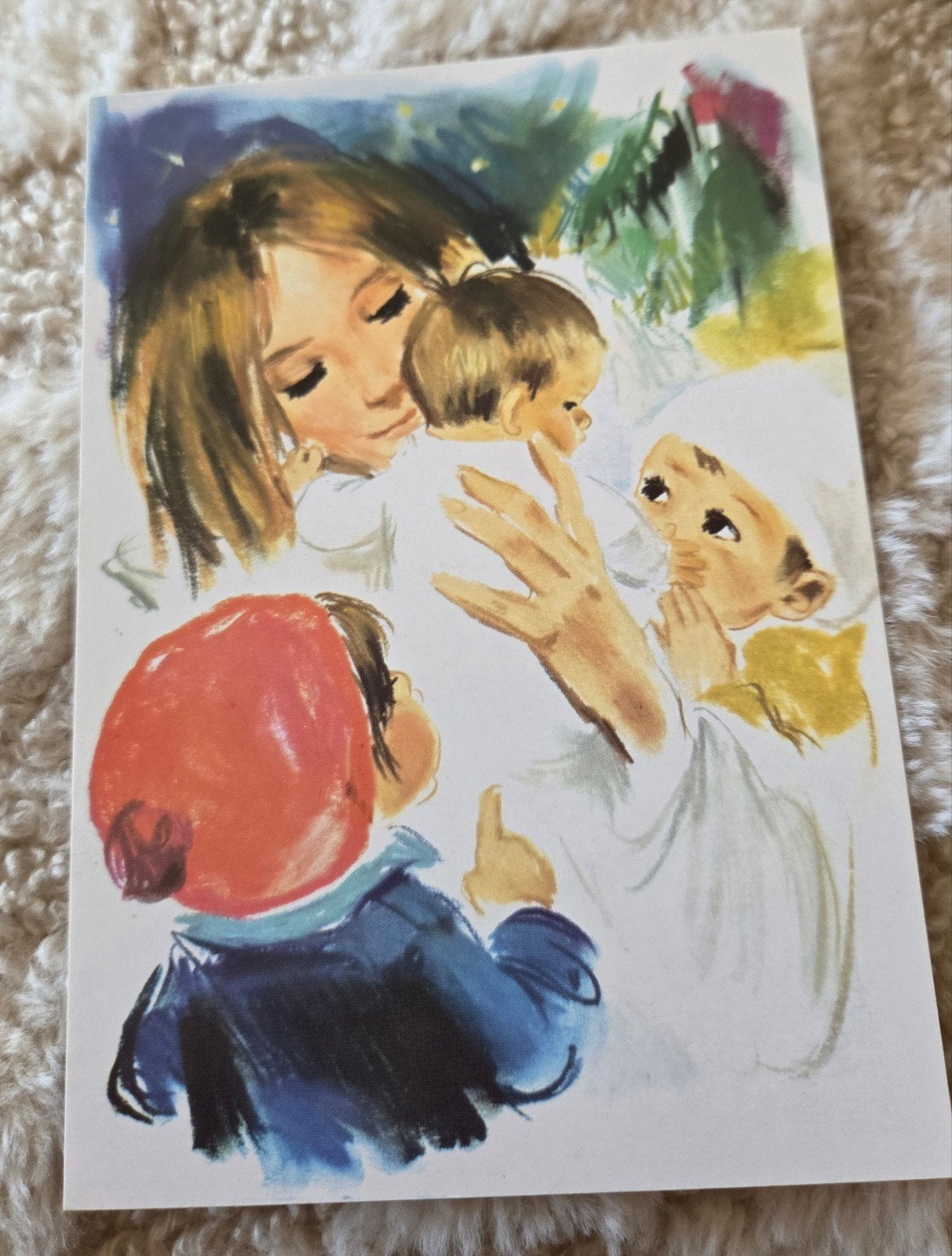 Vintage Kerstkaart - Moeder en baby, Verzenden, 1960 tot 1980, Ongelopen, Feest(dag)