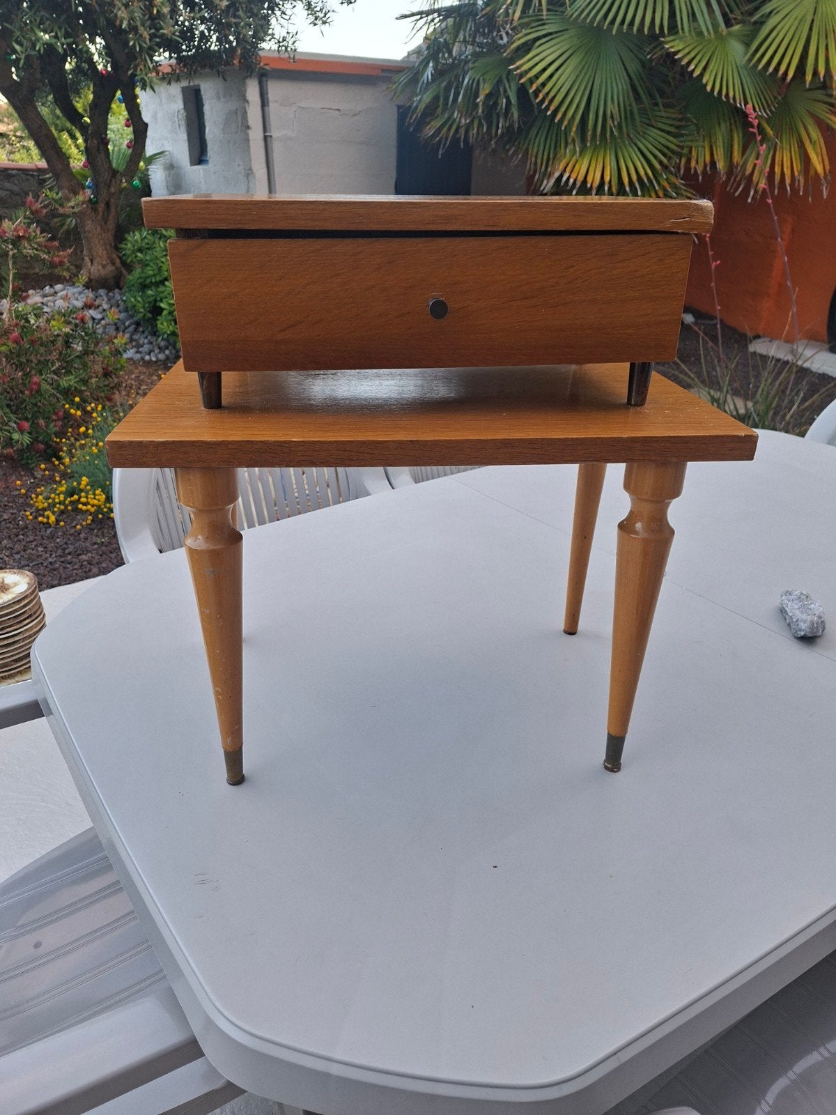 Vintage bijzettafel met lade - Hout, Ophalen of Verzenden