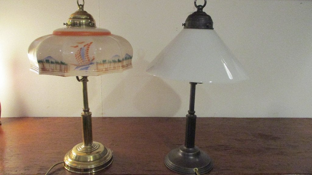 tafellamp - messing lamp - opaline glas, Huis en Inrichting, Met schakelaar, Sfeerlamp, Glas, E27 (groot)