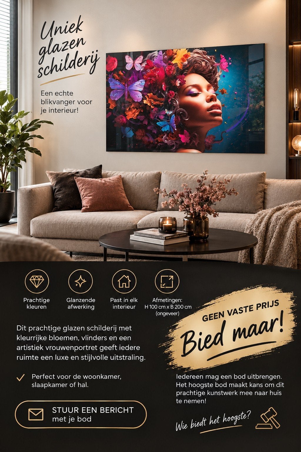 Uniek Glazen Schilderij: Portret met Bloemen & Vlinder, Ophalen, Glas, Portret