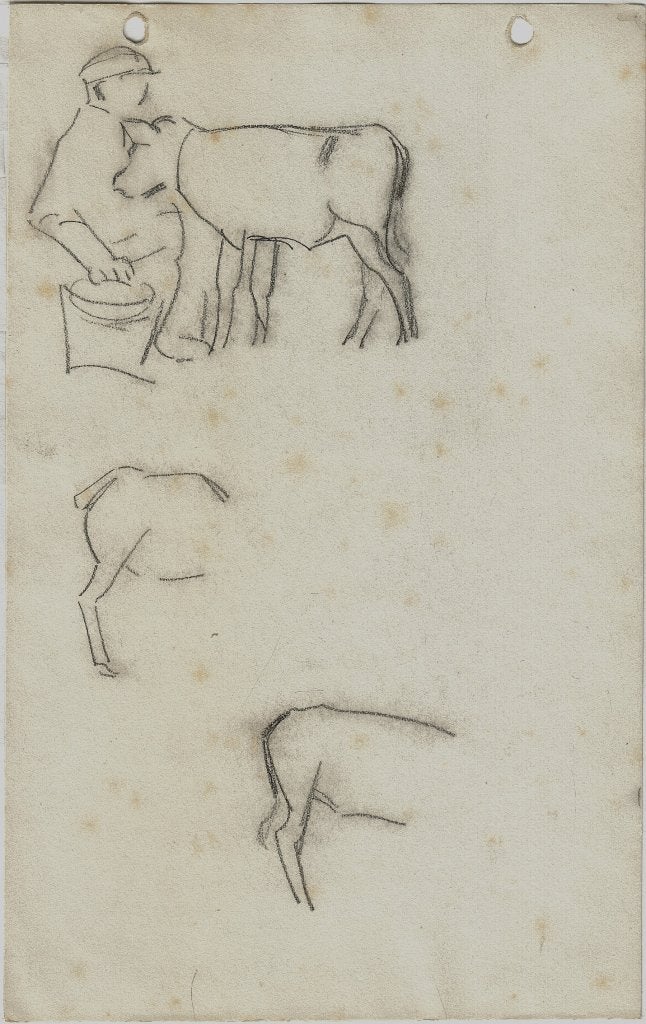 Maker onbekend "Boer en kalveren", zonder jaartal, Ophalen, Tekening, Krijttekening, Origineel