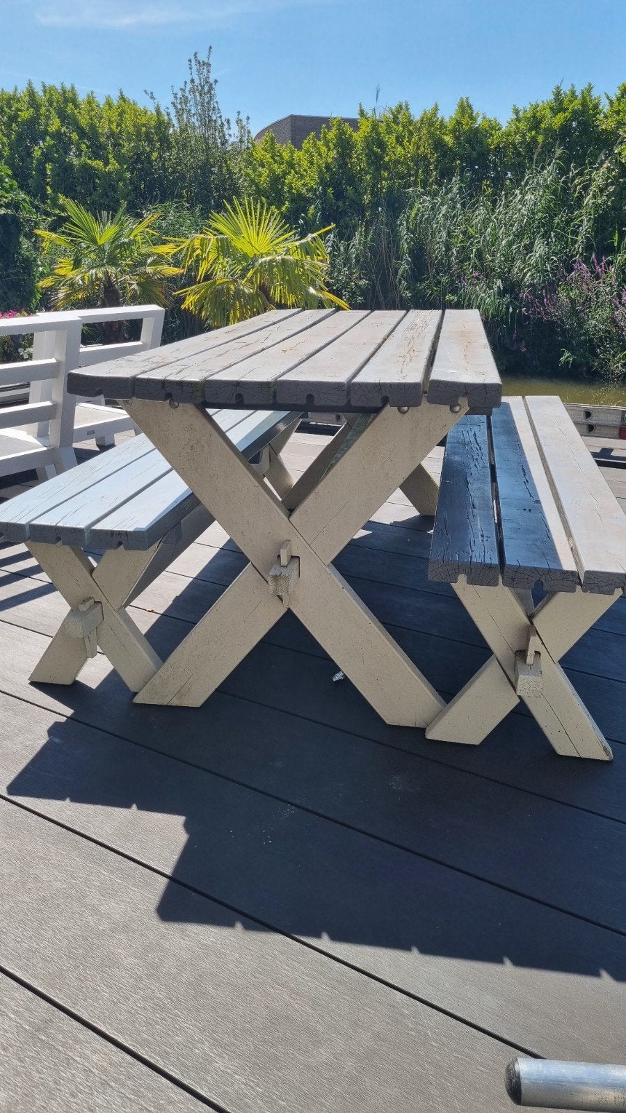 Robuuste hardhouten picknick set met losse banken, Tuin en Terras, Picknicktafels, Ophalen, Gebruikt, Rechthoekig, Hout