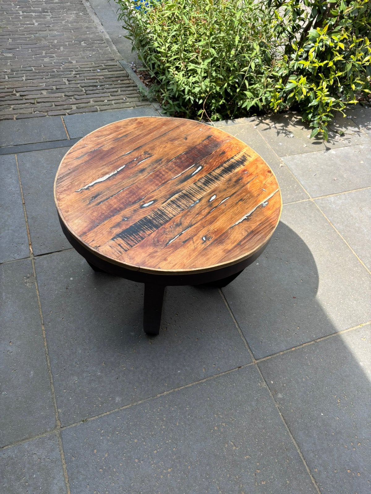 Stoere ronde teak salontafel met stalen onderstel, Ophalen, 50 tot 100 cm, Teakhout, Stoer teak