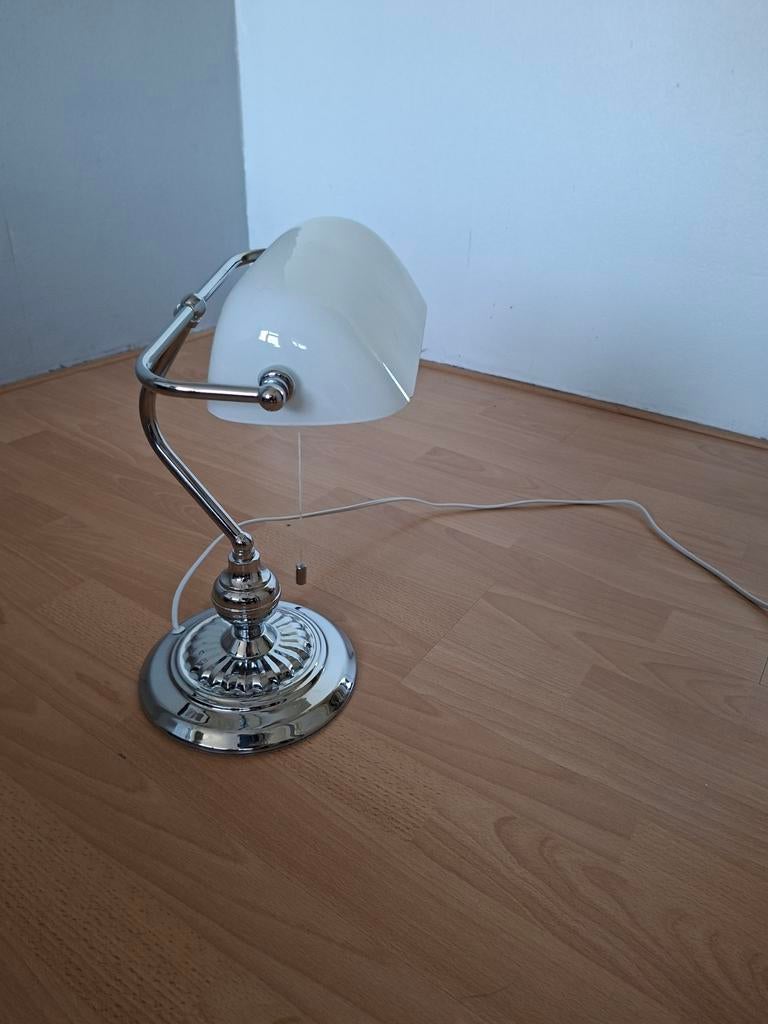 Klassieke bankierslamp met chromen afwerking, Ophalen, Gebruikt, Klassiek, Bankierslamp, Notarislamp, Glas