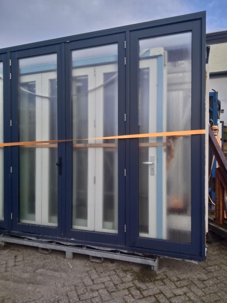 Hoog kozijn haardhout met dubbele tuindeuren en zijlichten, Ophalen of Verzenden, Glas, 120 cm of meer, 215 cm of meer