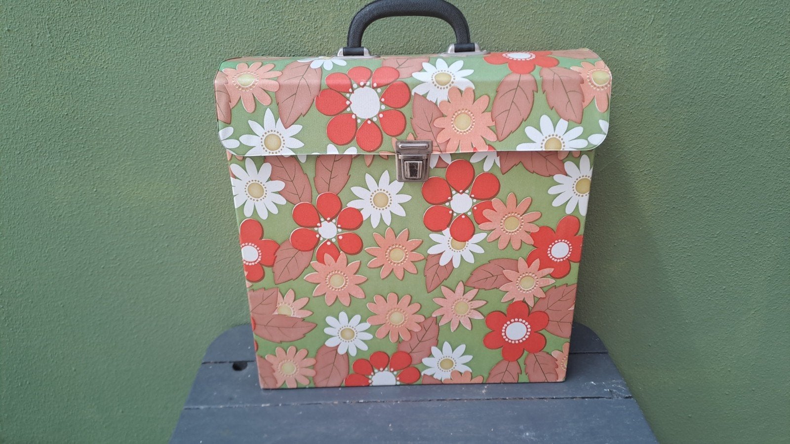 Vintage Platenkoffer voor LP's - Bloemenprint, Verzamelen, Retro, Ophalen of Verzenden, Audio en Video