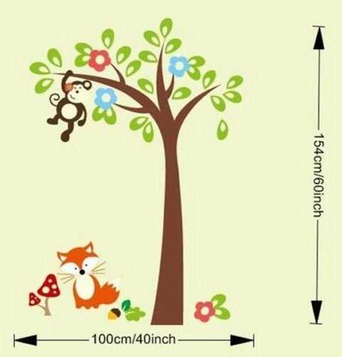 Muursticker Boom met Aapje en Vosje - Kinderkamer Decoratie, Kinderen en Baby's, Ophalen of Verzenden, Nieuw, Wanddecoratie