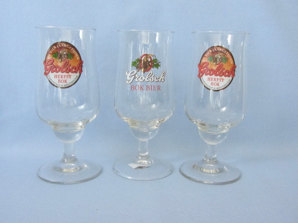 3 grolsch bokbier glazen, Ophalen of Verzenden, Gebruikt, Glas of Glazen, Grolsch