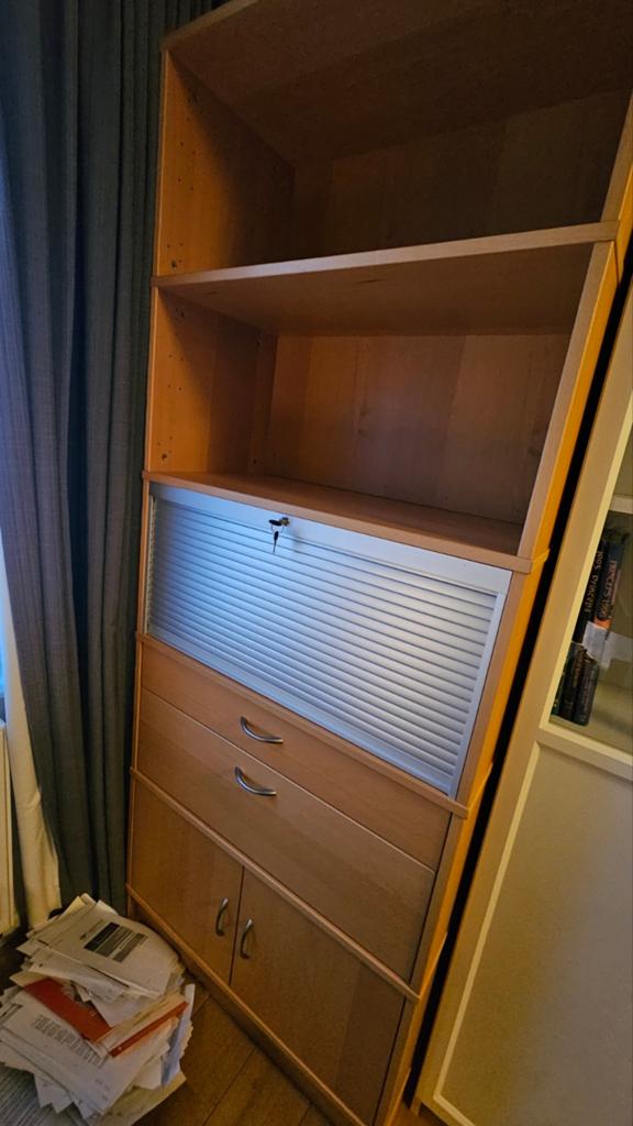 Archiefkast met rolluik, laden en planken - lichtbruin hout, Huis en Inrichting, Ophalen, Gebruikt, 50 tot 100 cm, Met slot